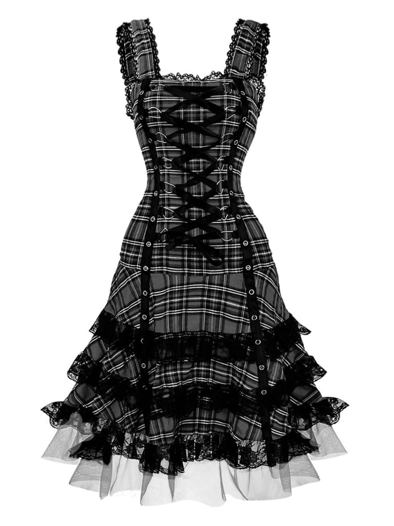 1960s Scottish Tartan Lace-Up Wide-Strap Dress