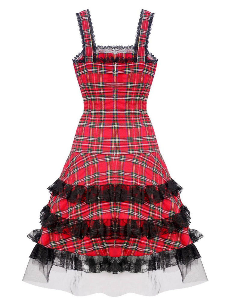 1960s Scottish Tartan Lace-Up Wide-Strap Dress