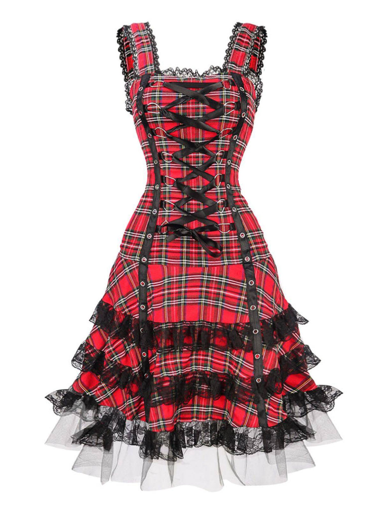 1960s Scottish Tartan Lace-Up Wide-Strap Dress