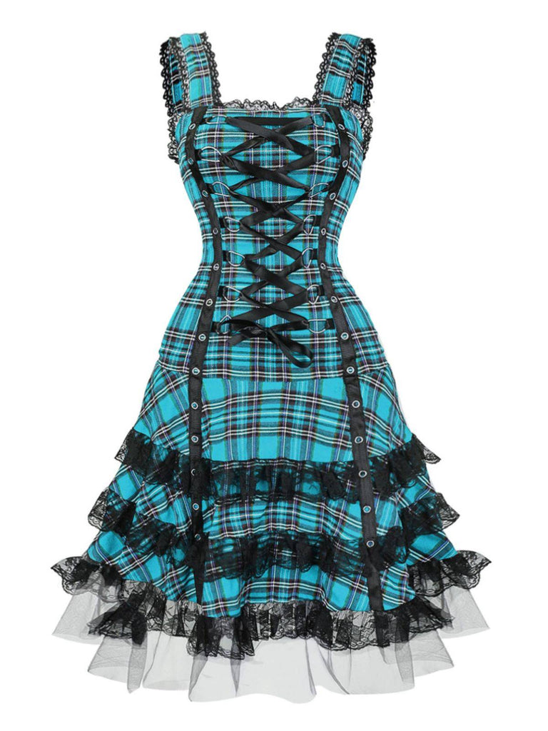 1960s Scottish Tartan Lace-Up Wide-Strap Dress