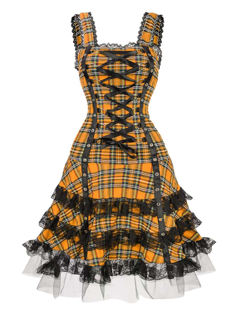 1960s Scottish Tartan Lace-Up Wide-Strap Dress