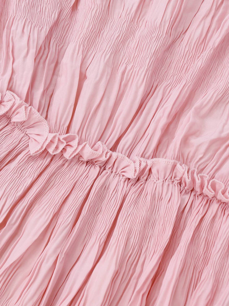Pink 1950s Pleated Ruffled Collar Dress