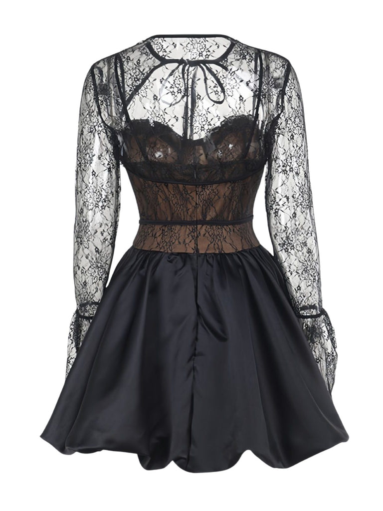 2PCS Black 1960s Lace Cover-Up & Puffy Dress