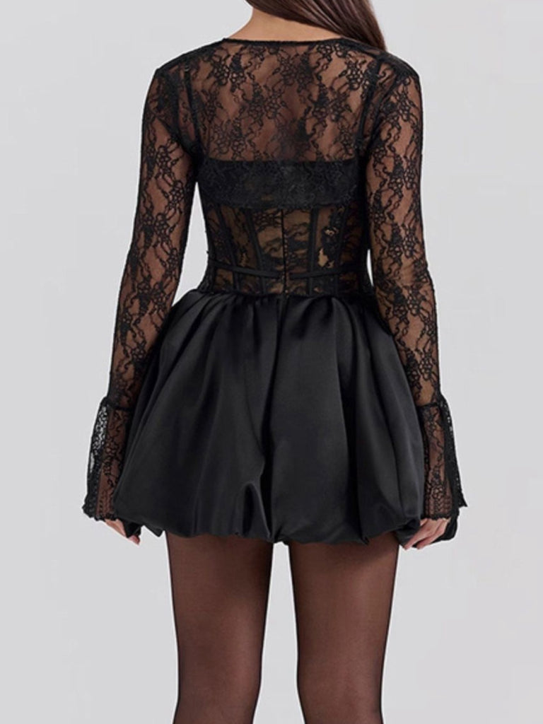 2PCS Black 1960s Lace Cover-Up & Puffy Dress