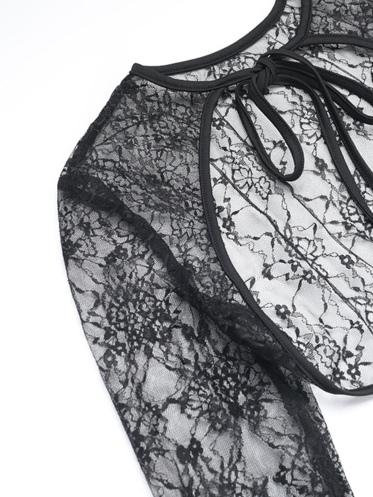 2PCS Black 1960s Lace Cover-Up & Puffy Dress