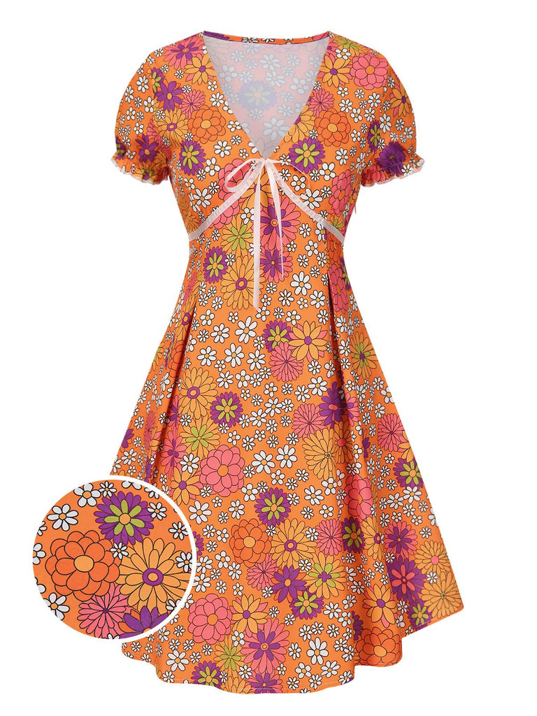 [Pre-Sale] Orange 1970s Psychedelic Print Bow Mini Dress