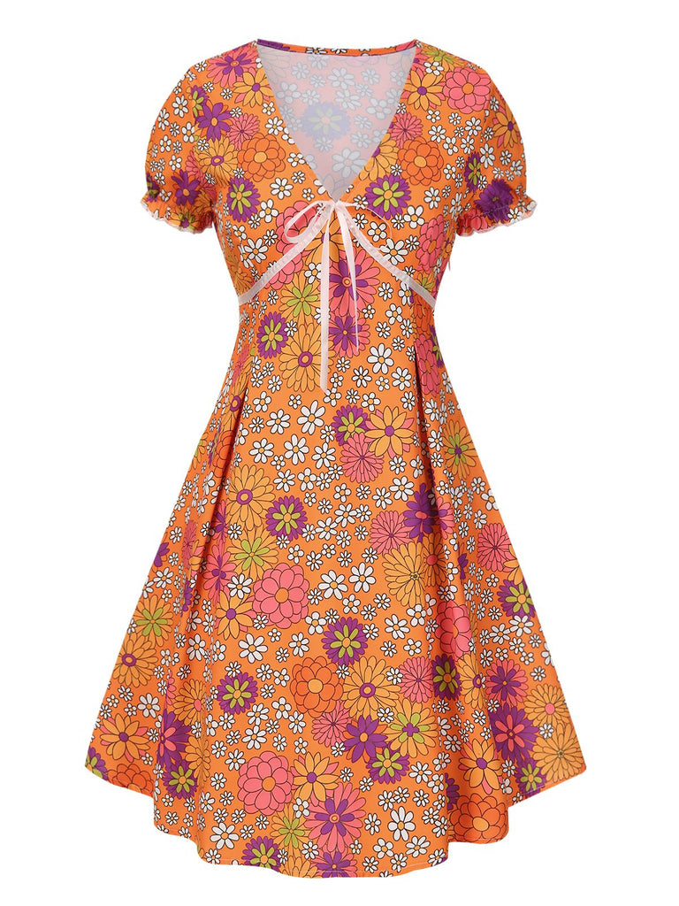 [Pre-Sale] Orange 1970s Psychedelic Print Bow Mini Dress