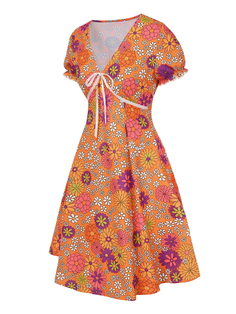 [Pre-Sale] Orange 1970s Psychedelic Print Bow Mini Dress