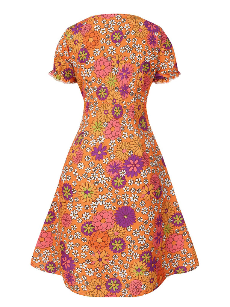[Pre-Sale] Orange 1970s Psychedelic Print Bow Mini Dress