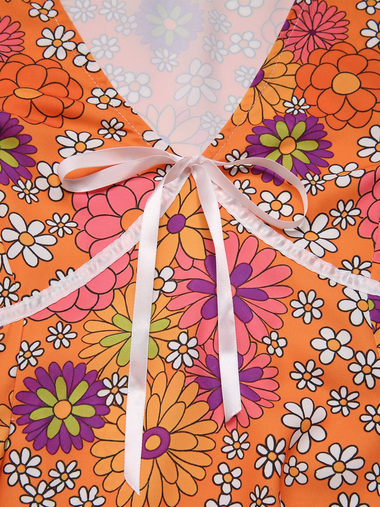 [Pre-Sale] Orange 1970s Psychedelic Print Bow Mini Dress