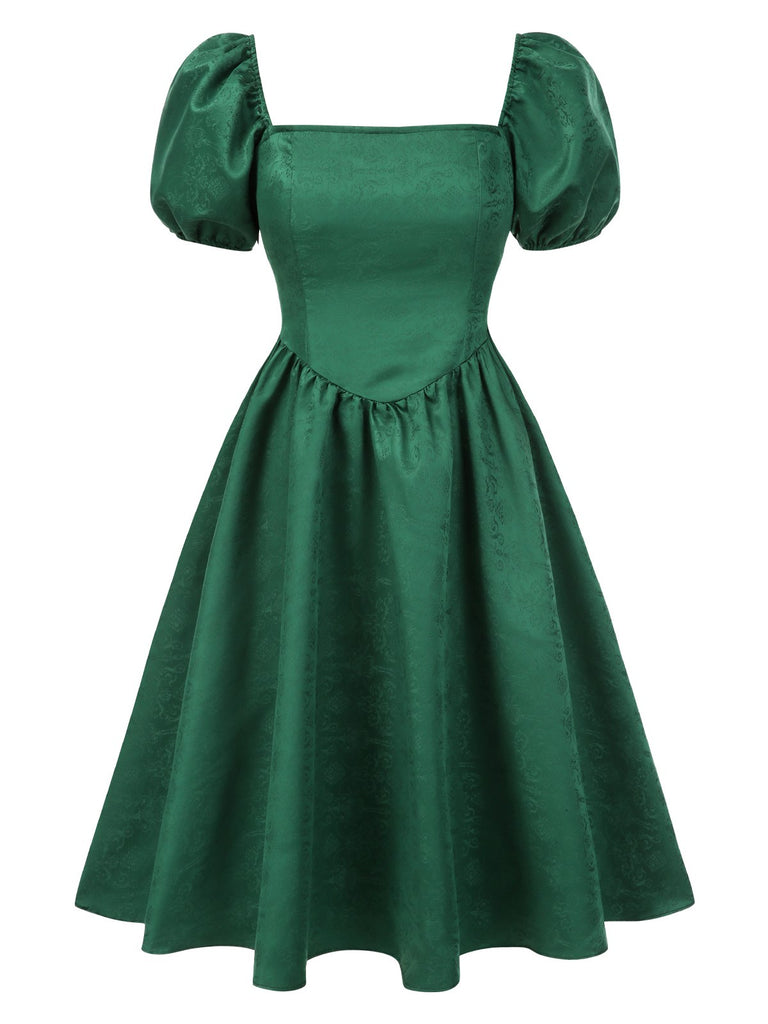 [Pre-Sale] Green 1950s Jacquard Square Neck Puff Sleeve Dress
