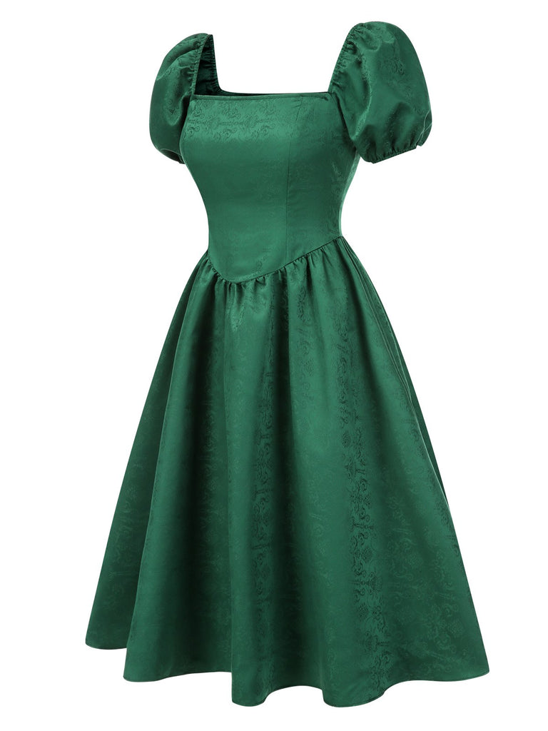 [Pre-Sale] Green 1950s Jacquard Square Neck Puff Sleeve Dress