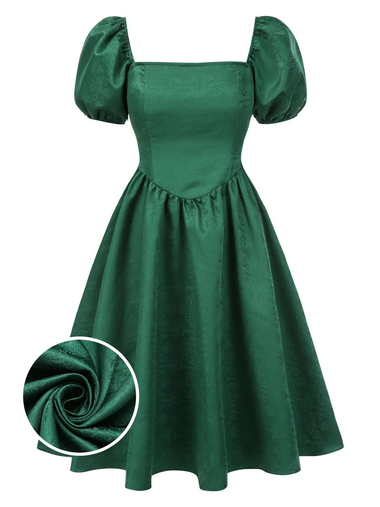 [Pre-Sale] Green 1950s Jacquard Square Neck Puff Sleeve Dress