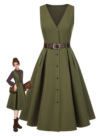 Green 1950s V-Neck Pockets Belted Vest Dress