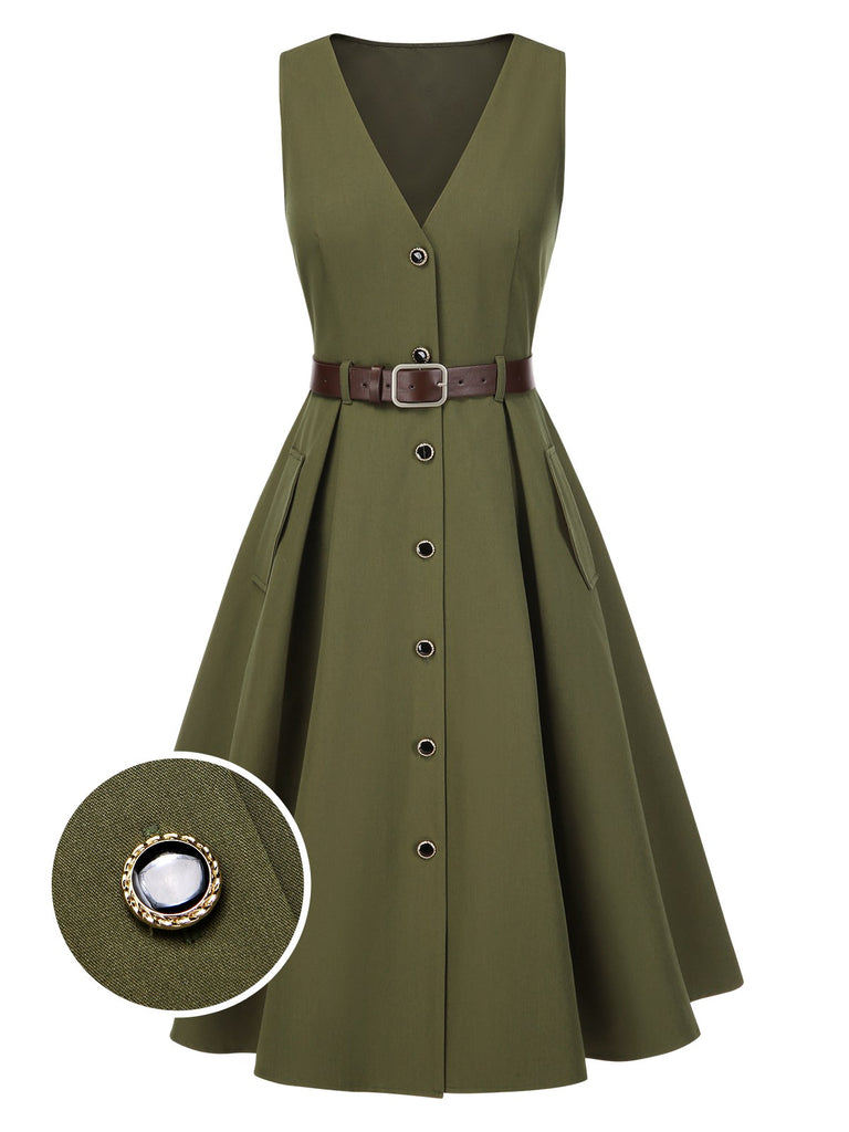 Green 1950s V-Neck Pockets Belted Vest Dress