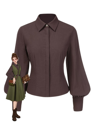 Brown 1950s Solid Lantern Sleeve Lapel Blouse