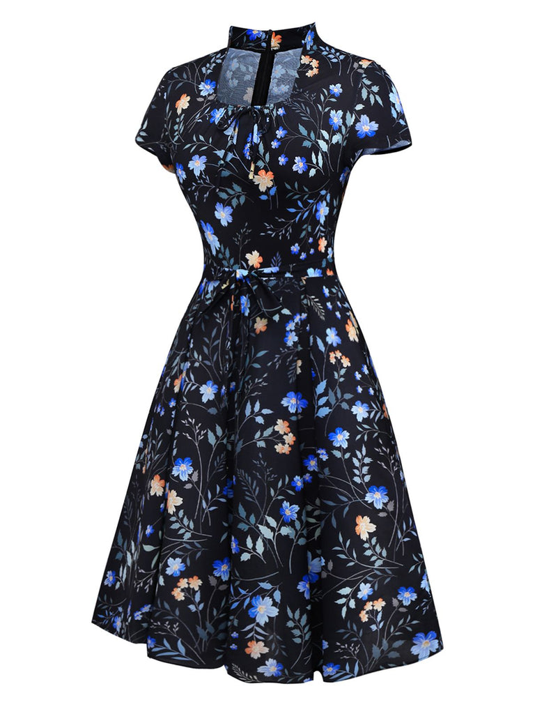 [Pre-Sale] Black 1940s Floral Keyhole Neckline Dress