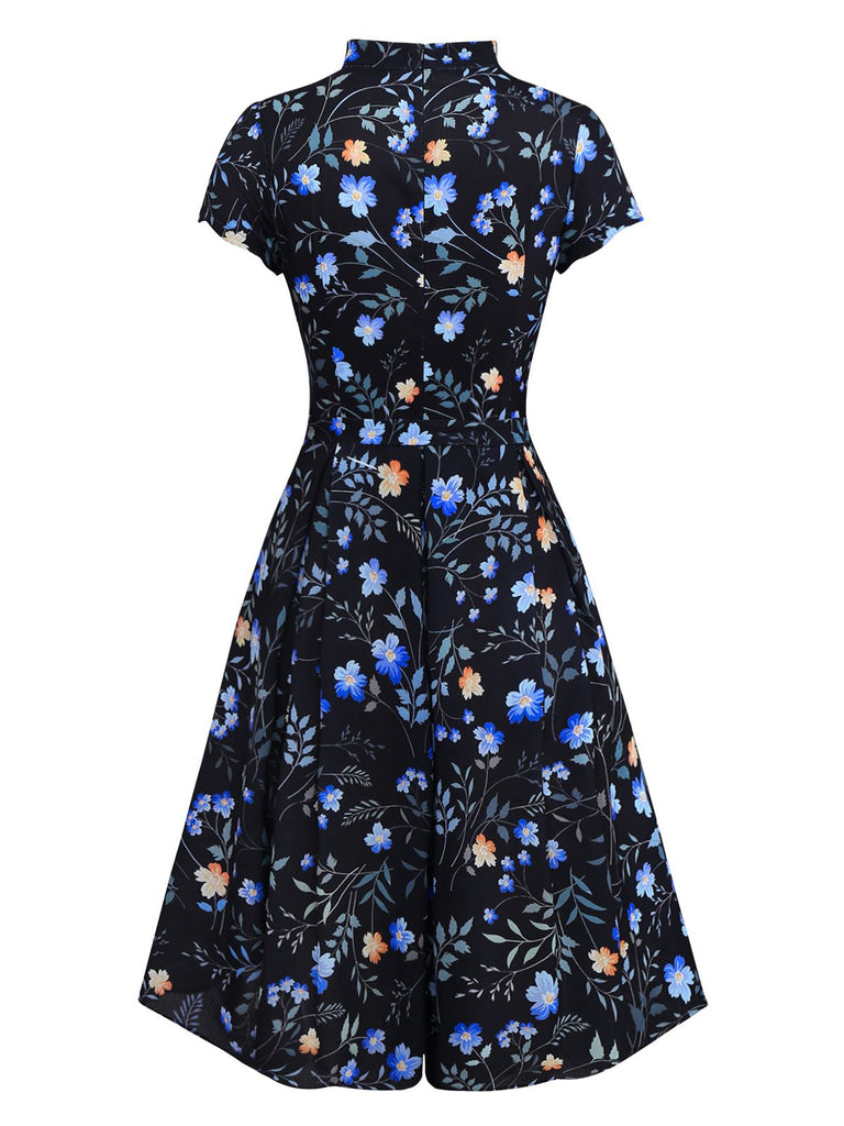 [Pre-Sale] Black 1940s Floral Keyhole Neckline Dress