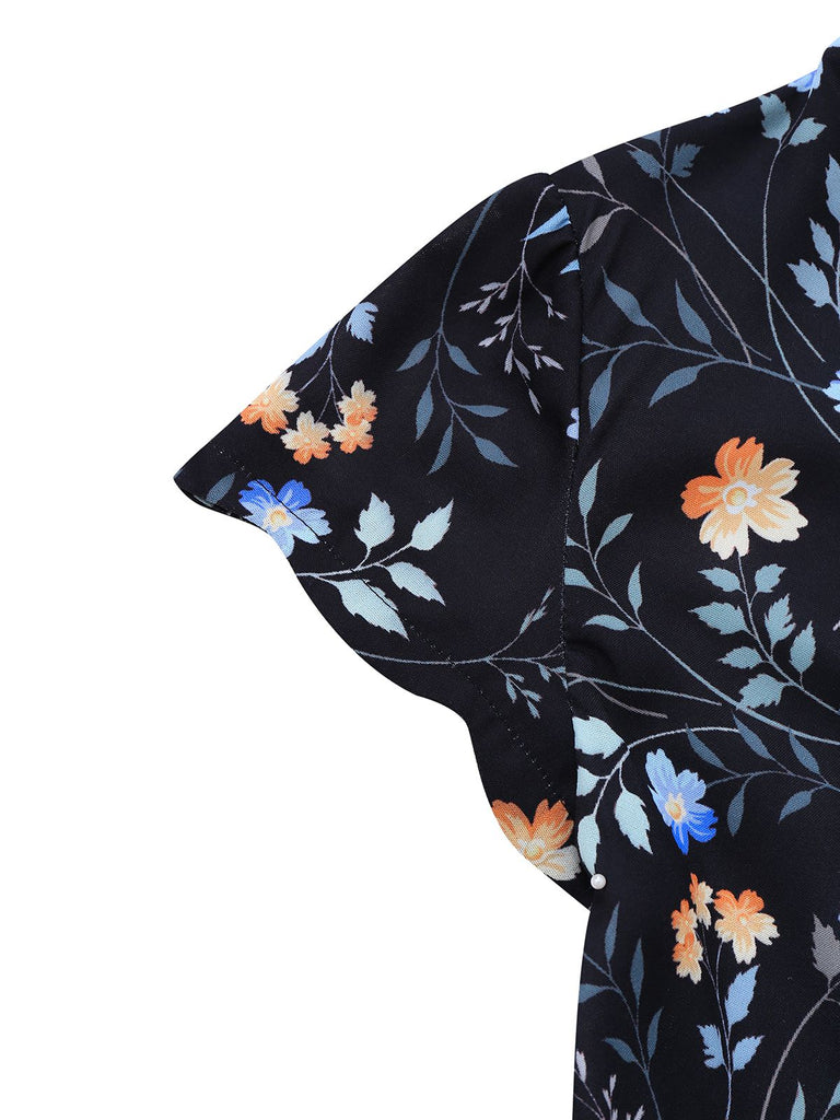 [Pre-Sale] Black 1940s Floral Keyhole Neckline Dress