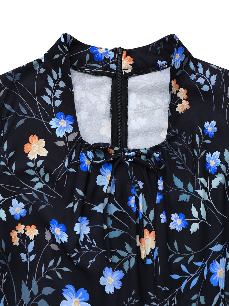 [Pre-Sale] Black 1940s Floral Keyhole Neckline Dress