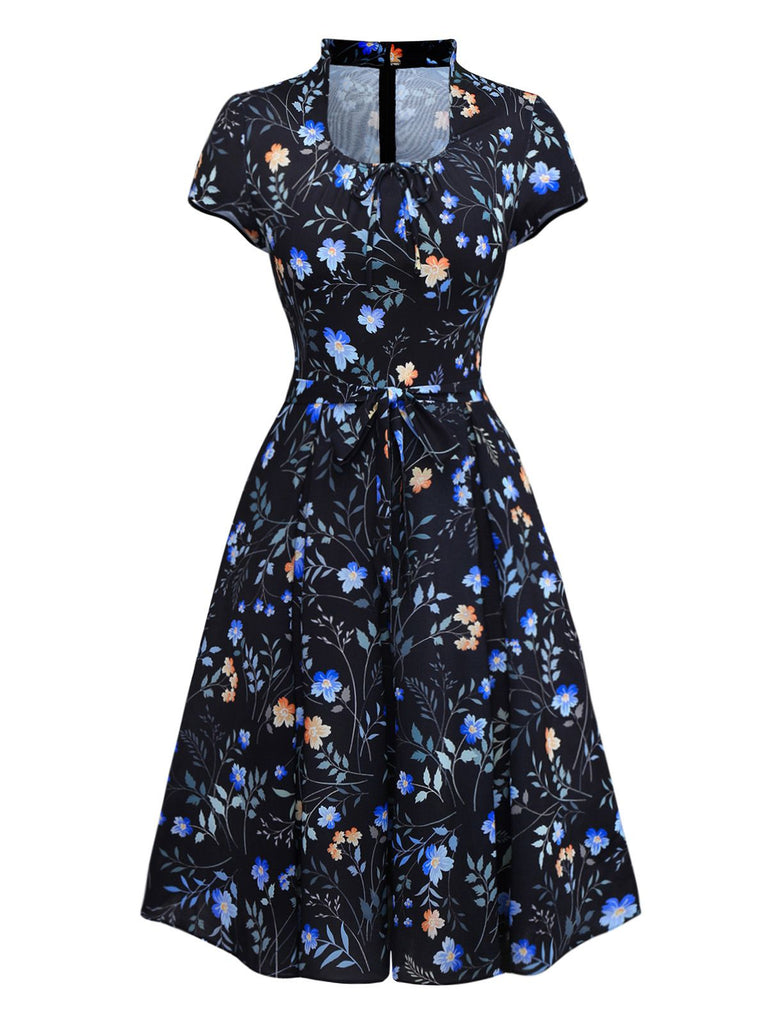 [Pre-Sale] Black 1940s Floral Keyhole Neckline Dress