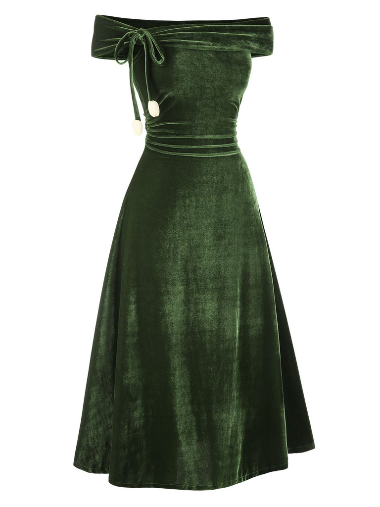 [Pre-Sale] Green 1940s Velvet Ruched Off-Shoulder Bardot Dress