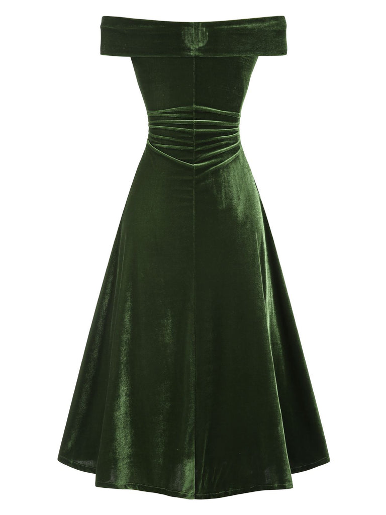 [Pre-Sale] Green 1940s Velvet Ruched Off-Shoulder Bardot Dress