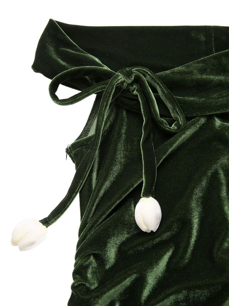 [Pre-Sale] Green 1940s Velvet Ruched Off-Shoulder Bardot Dress