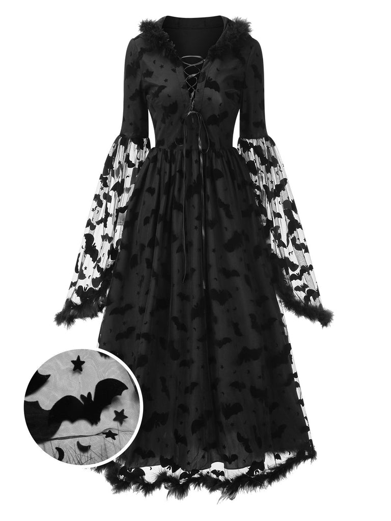 [Pre-Sale] Black 1940s Bat Mesh Raw Hem Witch Cape Dress