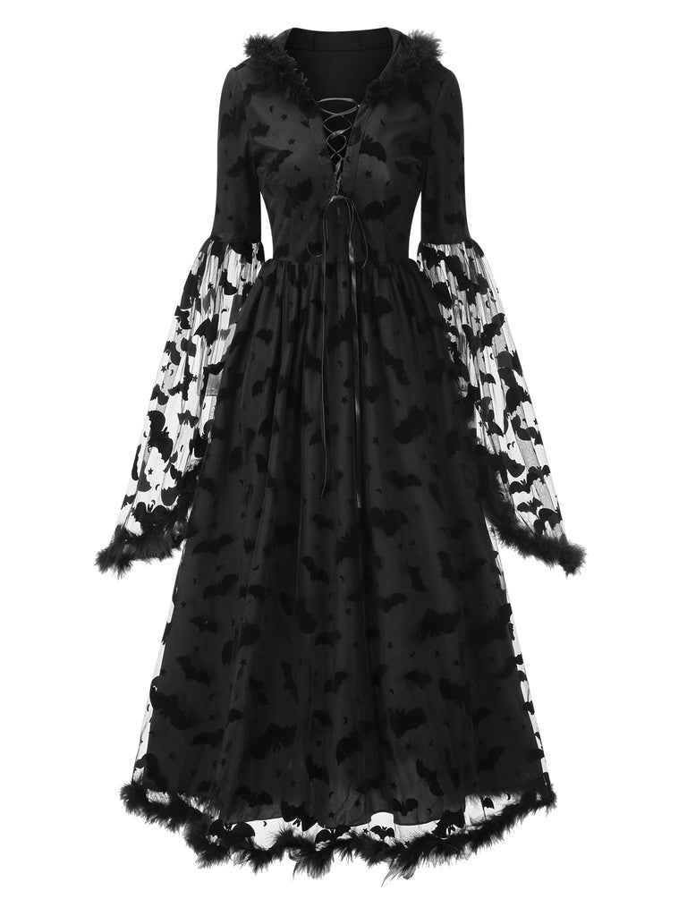 [Pre-Sale] Black 1940s Bat Mesh Raw Hem Witch Cape Dress