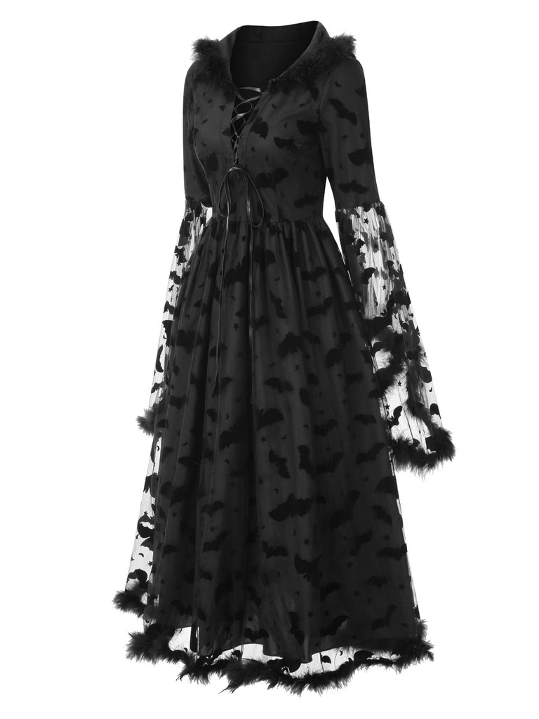 [Pre-Sale] Black 1940s Bat Mesh Raw Hem Witch Cape Dress