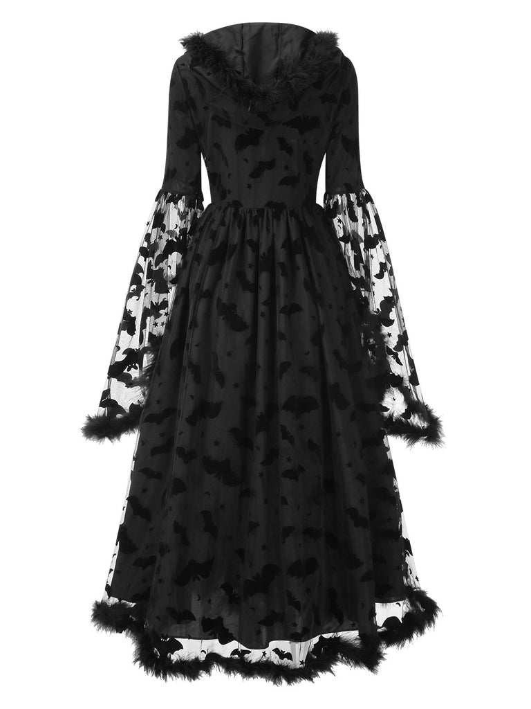 [Pre-Sale] Black 1940s Bat Mesh Raw Hem Witch Cape Dress