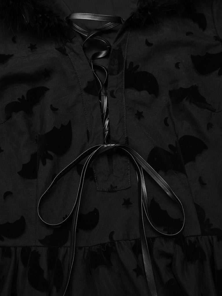 [Pre-Sale] Black 1940s Bat Mesh Raw Hem Witch Cape Dress