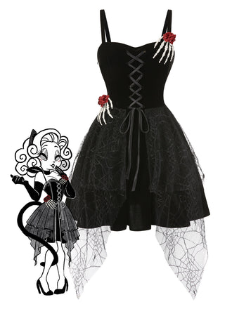 Black 1950s Halloween Skeleton Hand Spiderweb Rose Dress