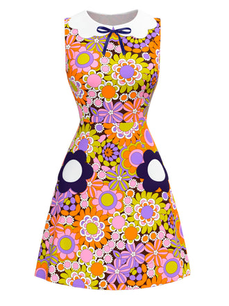 Orange 1960s Peter Pan Collar Floral Bow Dress