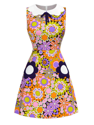 [Pre-Sale] Orange 1960s Peter Pan Collar Floral Bow Dress