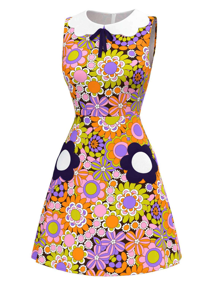 [Pre-Sale] Orange 1960s Peter Pan Collar Floral Bow Dress
