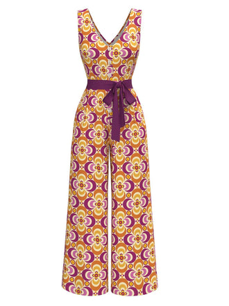 Orange 1960s V-Neck Belted Floral Printed Jumpsuit
