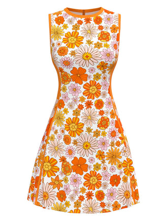 Orange 1960s Round Neck Daisy Sleeveless Dress