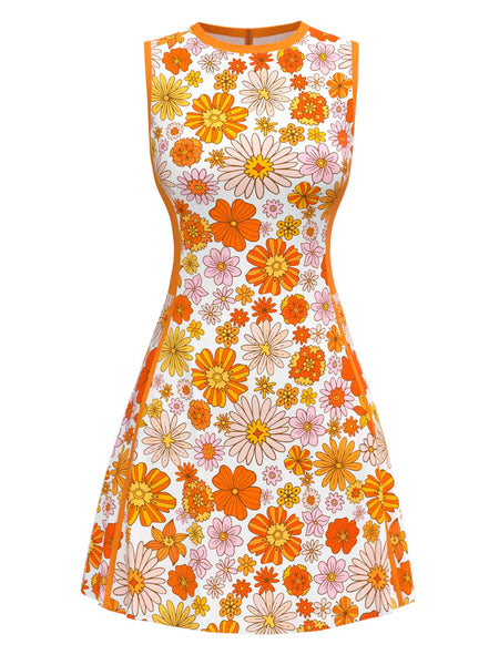 Orange 1960s Round Neck Daisy Sleeveless Dress