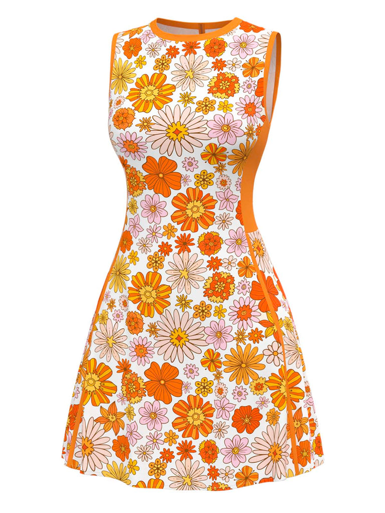 [Pre-Sale] Orange 1960s Round Neck Daisy Sleeveless Dress