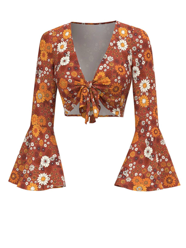 Orange 1970s Hippie Floral Bell Sleeve Top