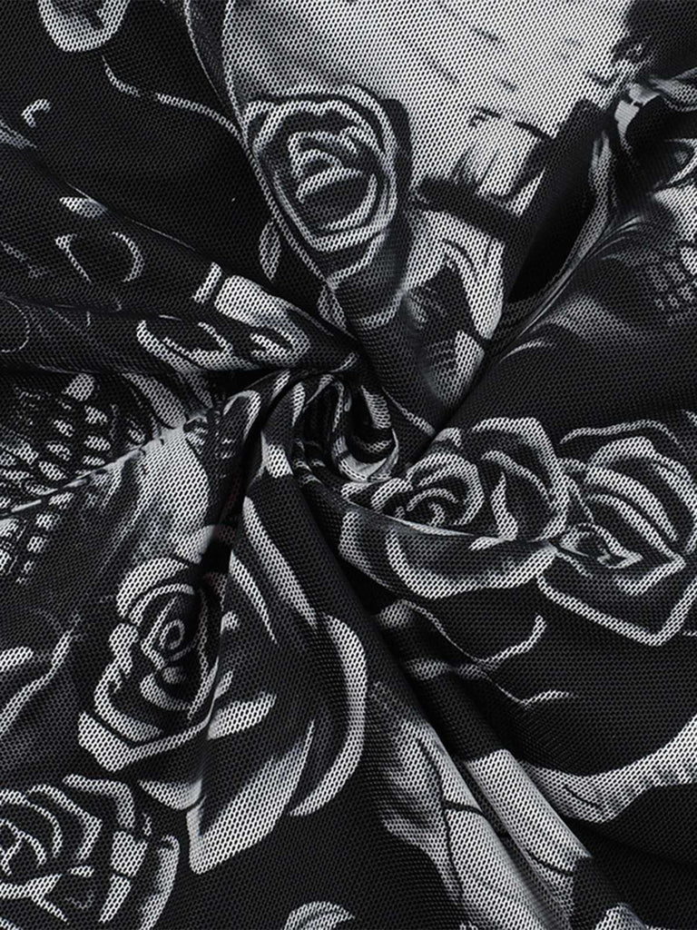 Black 1970s Slip Gothic Skeleton Print Mesh Dress