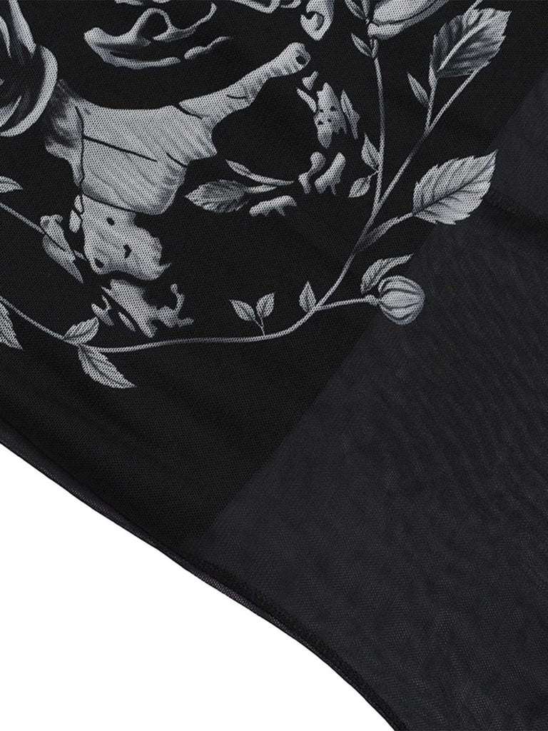 Black 1970s Slip Gothic Skeleton Print Mesh Dress