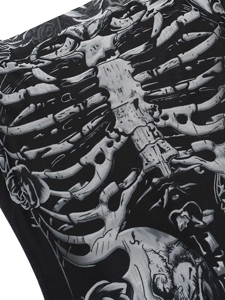 Black 1970s Slip Gothic Skeleton Print Mesh Dress