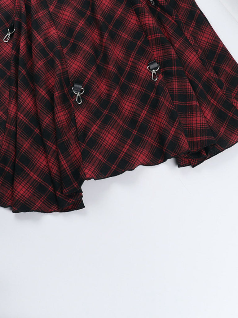 Red 1980s Scottish Plaid High-Low Hem Skirt
