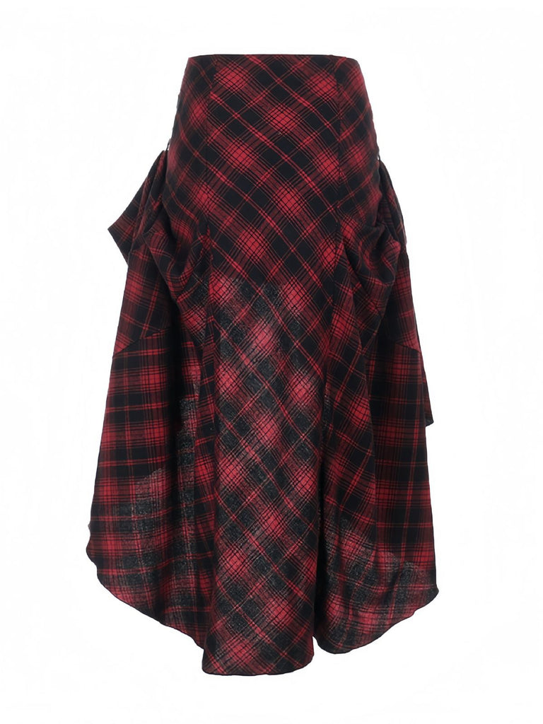Red 1980s Scottish Plaid High-Low Hem Skirt