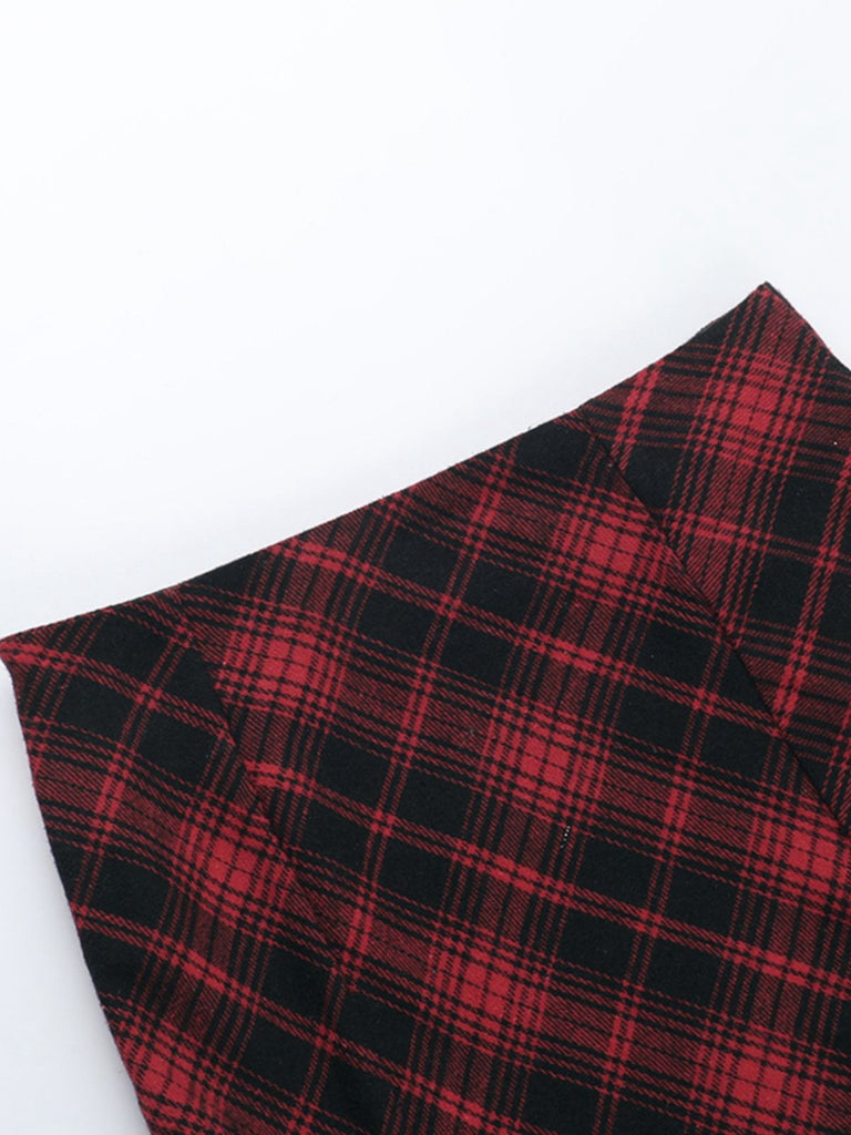 Red 1980s Scottish Plaid High-Low Hem Skirt