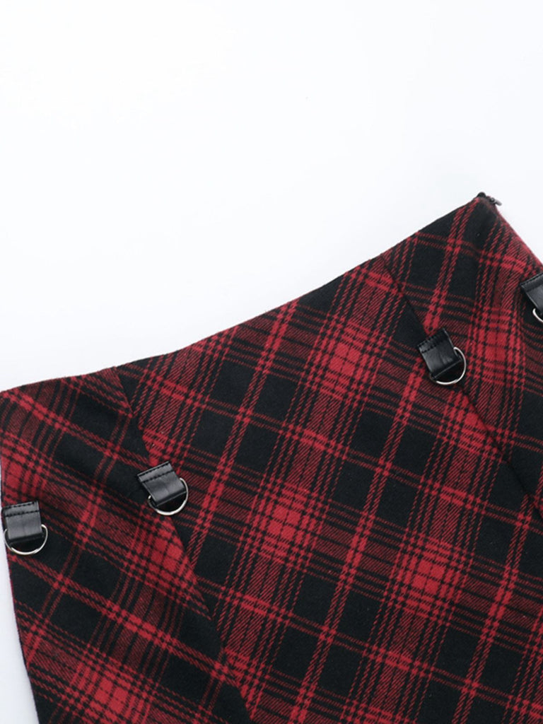 Red 1980s Scottish Plaid High-Low Hem Skirt