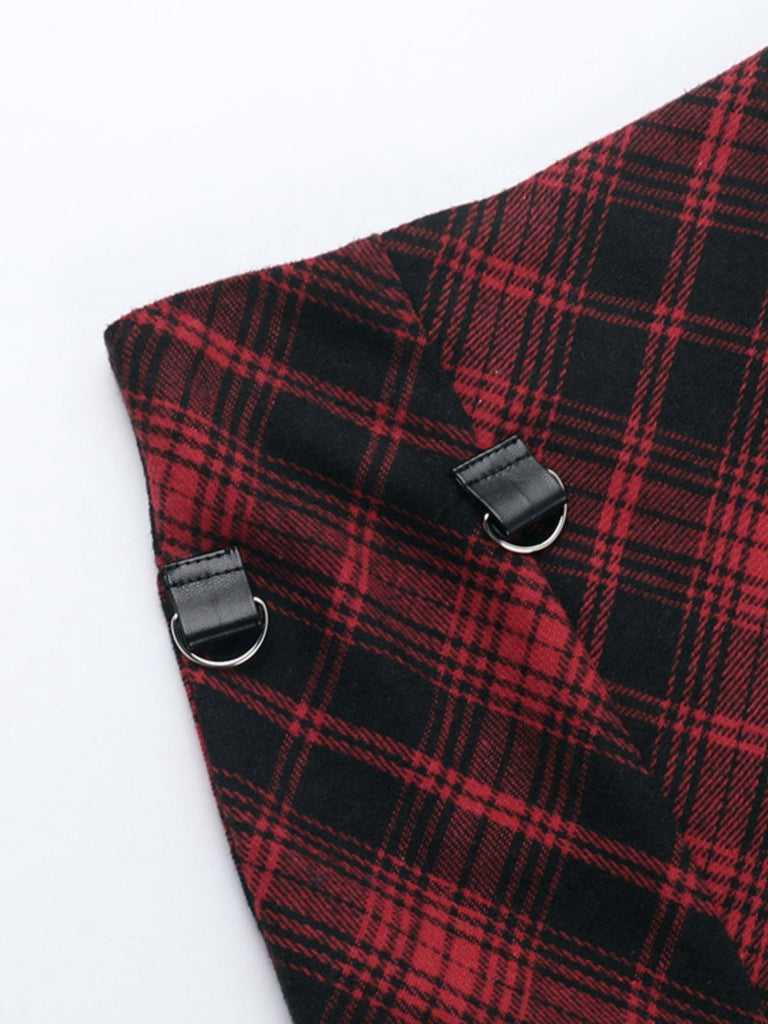 Red 1980s Scottish Plaid High-Low Hem Skirt
